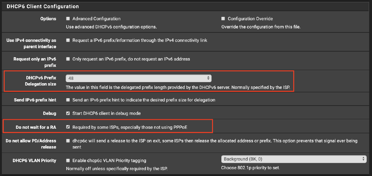 WAN Interface IPv6 Options